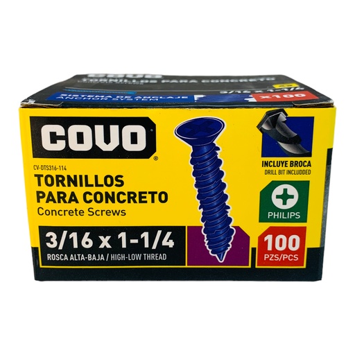 [12430] TORNILLOS PARA CONCRETO 3/16” X 1-1/4” 100 PZAS COVO