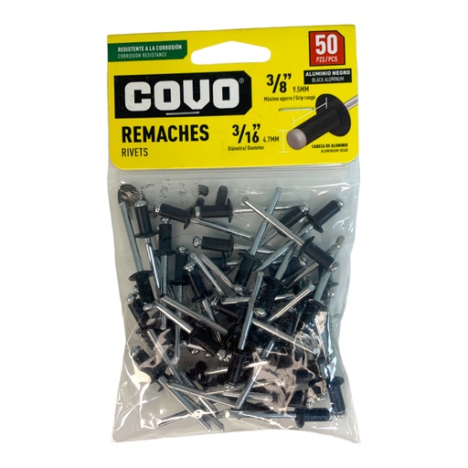 [12439] REMACHES 3/16" X 3/8" ALUMINIO NEGRO 50 PIEZAS COVO