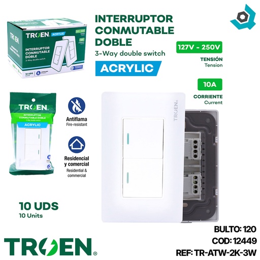 [12449] APAGADOR DOBLE 3 WAY DE ACRILICO BLANCO TROEN