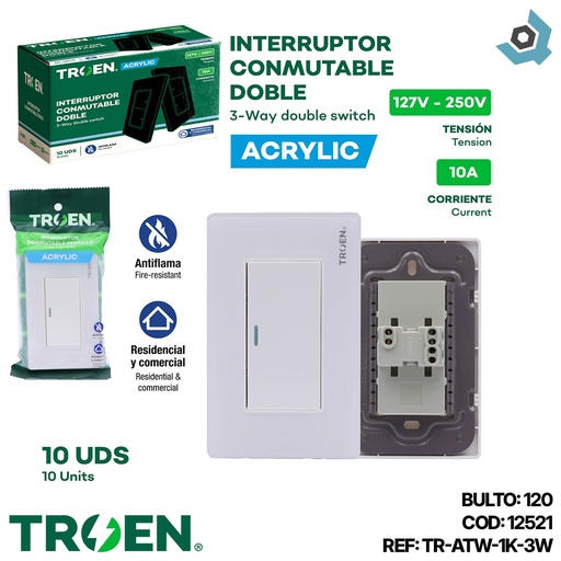 [12521] APAGADOR INDIVIDUAL 3 WAY ACRILICO BLANCO TROEN