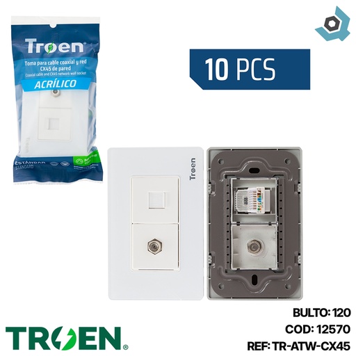 [12570] TOMA PARA CABLE COAXIAL Y RED RJ45 ACRILICO BLANCO TROEN