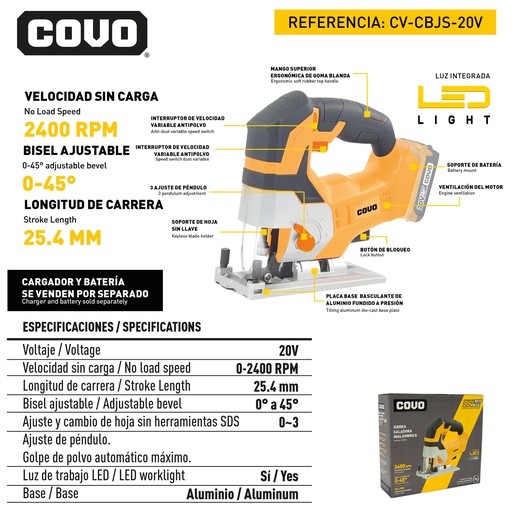 [12587] SIERRA CALADORA INALAMBRICO 20V COVO