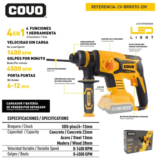 [12593] ROTOMARTILLO INALAMBRICO 20V COVO