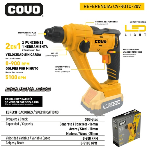 [12641] ROTOMARTILLO INALAMBRICO BRUSHLESS 20V COVO