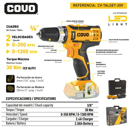 [12643] SET DESTORNILLADOR INALAMBRICO 3/8" 20V COVO