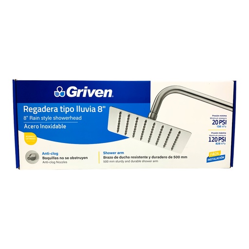 [12602] REGADERA TIPO LLUVIA 8" SATINADO CUADRADA GRIVEN