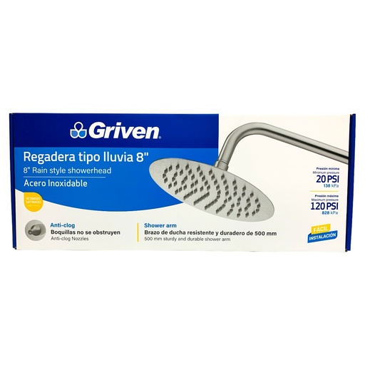 [12603] REGADERA TIPO LLUVIA 8" SATINADO REDONDA GRIVEN