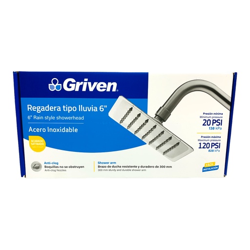 [12604] REGADERA TIPO LLUVIA 6" SATINADO CUADRADA GRIVEN