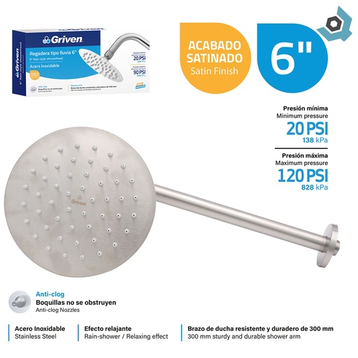[12605] REGADERA TIPO LLUVIA 6" SATINADO REDONDA GRIVEN