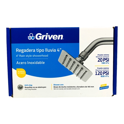 [12606] REGADERA TIPO LLUVIA 4" SATINADO CUADRADA GRIVEN