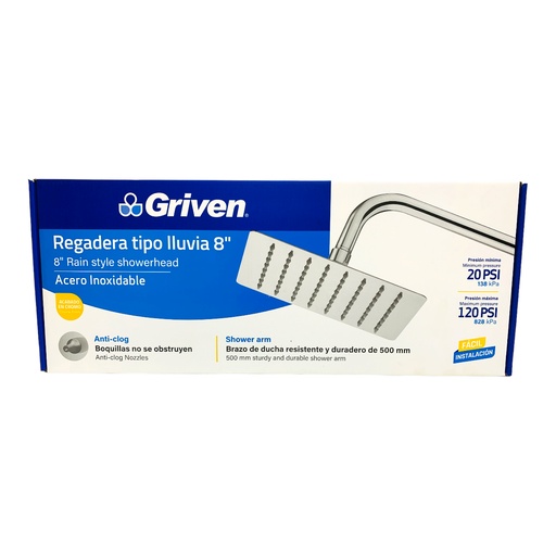 [12608] REGADERA TIPO LLUVIA 8" CROMADA CUADRADA GRIVEN