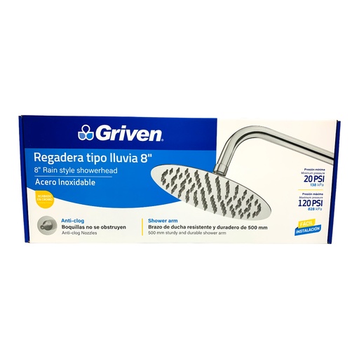 [12609] REGADERA TIPO LLUVIA 8" CROMADA REDONDA GRIVEN
