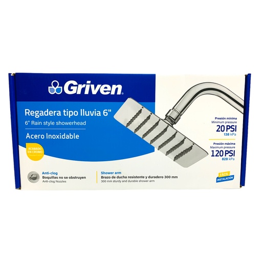 [12610] REGADERA TIPO LLUVIA 6" CROMADA CUADRADA GRIVEN