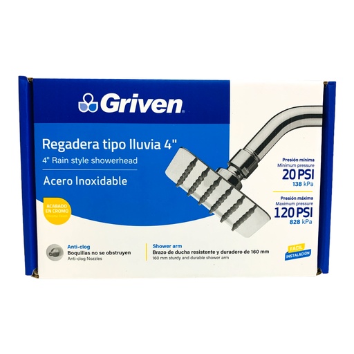 [12611] REGADERA TIPO LLUVIA 4" CROMADA CUADRADA GRIVEN