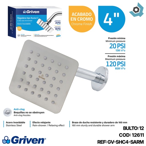 [12611] REGADERA TIPO LLUVIA 4" CROMADA CUADRADA GRIVEN