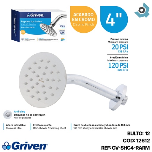 [12612] REGADERA TIPO LLUVIA 4" CROMADA REDONDA GRIVEN