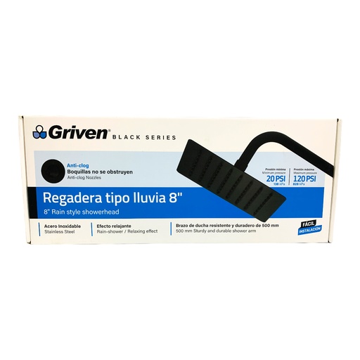 [12613] REGADERA TIPO LLUVIA 8" NEGRO MATE CUADRADA GRIVEN