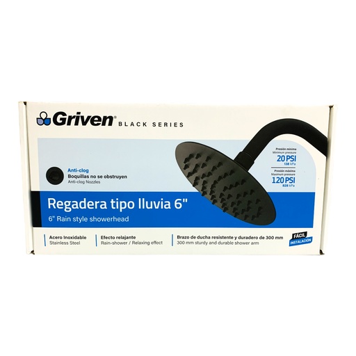 [12616] REGADERA TIPO LLUVIA 6" NEGRO MATE REDONDA GRIVEN