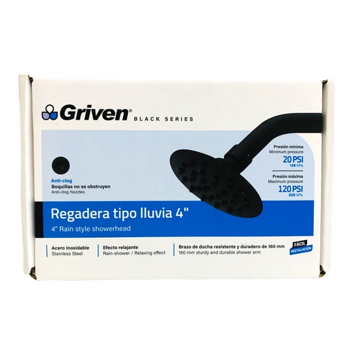 [12618] REGADERA TIPO LLUVIA 4" NEGRO MATE REDONDA GRIVEN