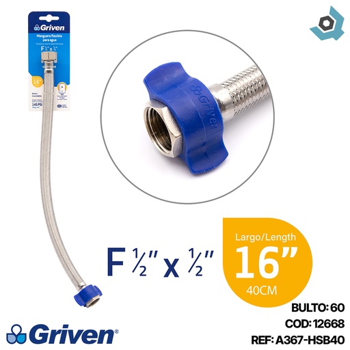 [12668] MANGUERA FLEXIBLE 1/2" X 1/2" 40CM GRIVEN