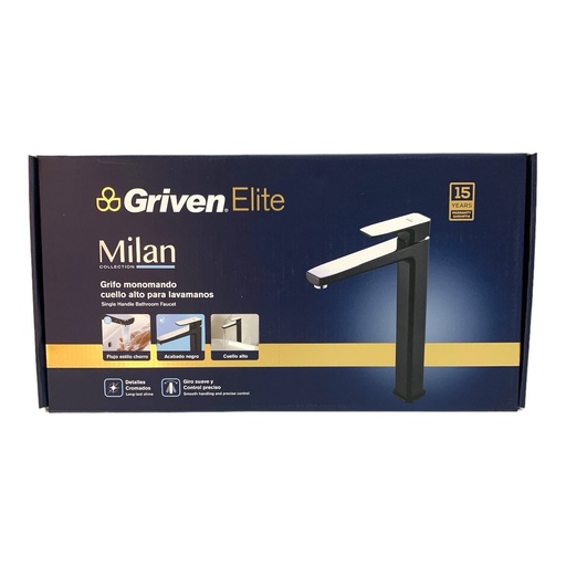 [12688] GRIFERIA MONOMANDO PARA LAVAMANOS NEGRO MATE GRIVEN ELITE EDICION MILAN COLLECTION