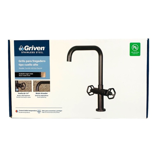 [12689] GRIFERIA PARA FREGADERO CUELLO ALTO NEGRO MATE GRIVEN ACERO INOXIDABLE