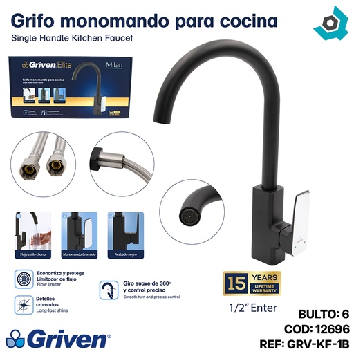 [12696] GRIFERIA PARA FREGADERERO NEGRO MATE GRIVEN ELITE EDICION MILAN COLLECTION