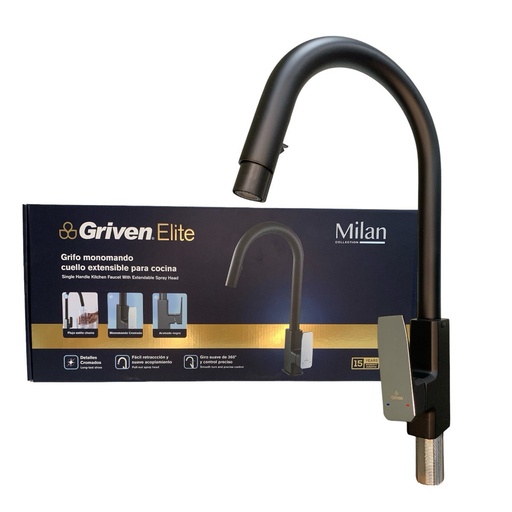 [12697] GRIFERIA PARA FREGADERERO CUELLO EXTENSIBLE NEGRO MATE GRIVEN ELITE EDICION MILAN COLLECTION