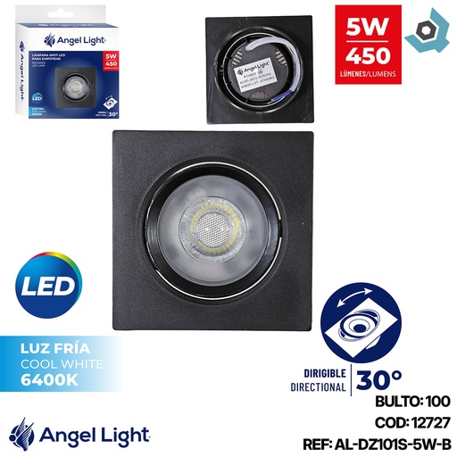 [12727] LAMPARA LED OJO DE BUEY 5W CUADRADA 6400K NEGRO ANGEL LIGHT