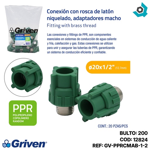 [12824] ADAPTADOR ROSCA MACHO PPR 25MM X 1/2" CXMR-MET GRVEN