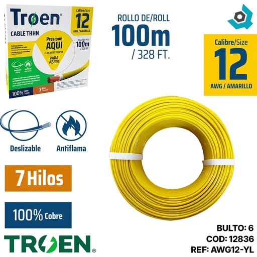 [12836] CABLE ELECTRICO 12 AWG AMARILLO 7 HILOS TROEN