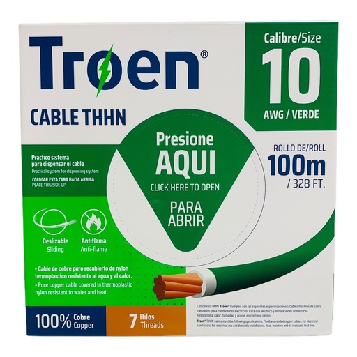 [12898] CABLE ELECTRICO 10 AWG VERDE 7 HILOS TROEN