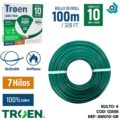 [12898] CABLE ELECTRICO 10 AWG VERDE 7 HILOS TROEN