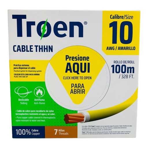 [12900] CABLE ELECTRICO 10 AWG AMARILLO 7 HILOS TROEN
