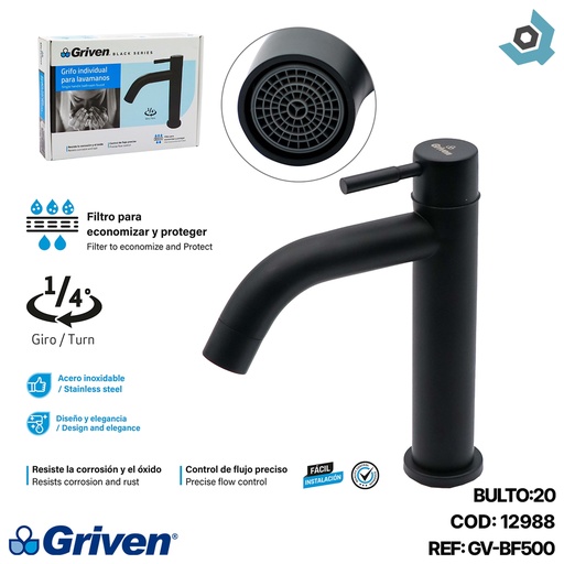 [12988] GRIFERIA INDIVIDUAL PARA LAVAMANOS NEGRO MATE GRIVEN