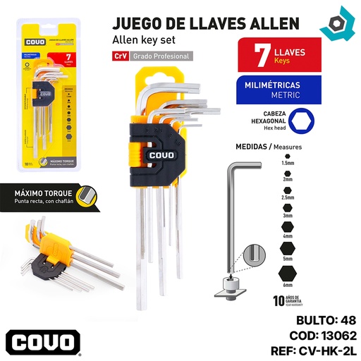 [13062] JUEGO DE LLAVES ALLEN MAXIMO TORQUE 7PZAS COVO