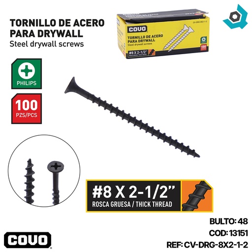 [13151] TORNILLO DRYWALL 8 X 2 1/2" 100 PZA COVO