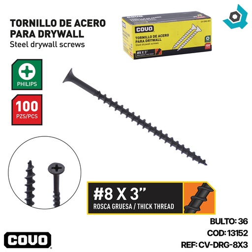 [13152] TORNILLO DRYWALL 8 X 3" 100 PZA COVO