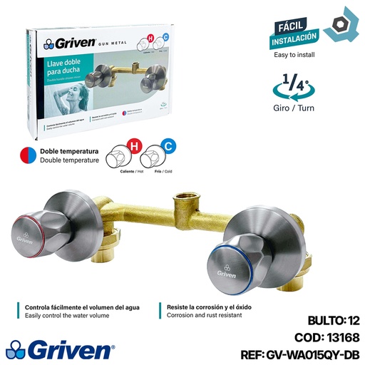 [13168] LLAVE DOBLE PARA DUCHA GRIS METALICO GRIVEN