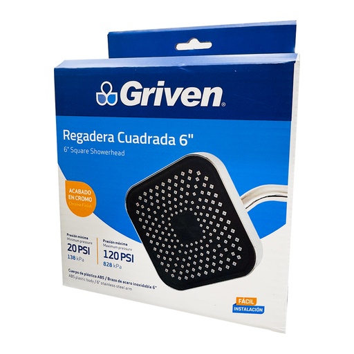 [13175] REGADERA CUADRADA 6" CROMADO GRIVEN