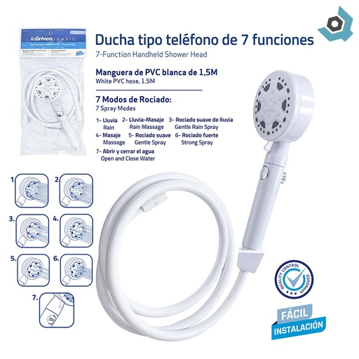 [13176] DUCHA TIPO TELEFONO 7 FUNCIONES GRIVEN BASIC
