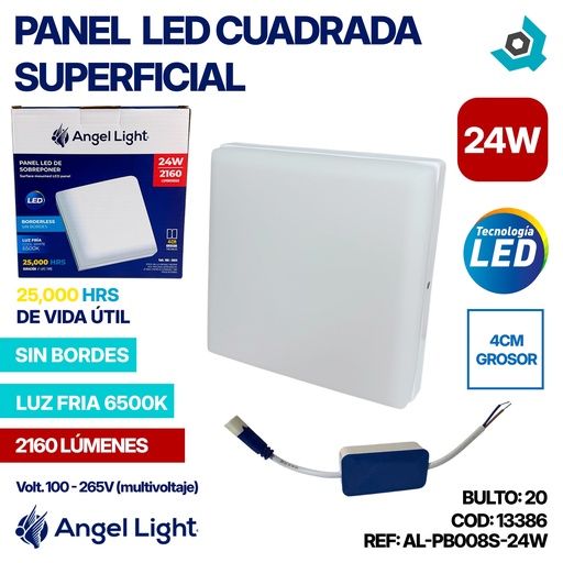 [13386] LAMPARA PANEL LED CUADRADO SUPERFICIAL LUZ FRIA 24W ANGEL LIGHT