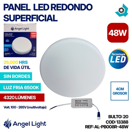 [13388] LAMPARA PANEL LED REDONDO SUPERFICIAL LUZ FRIA 48W ANGEL LIGHT