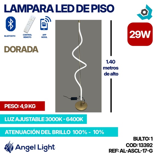 [13392] LAMPARA LED 29W DE PISO LUZ AJUSTABLE DORADA ANGEL LIGHT