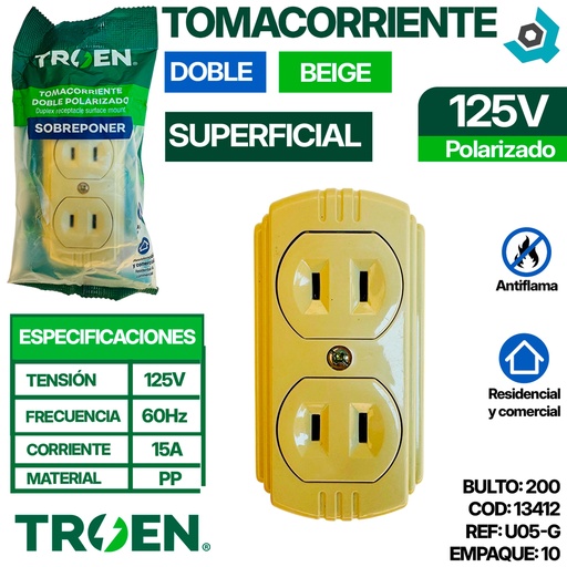 [13412] TOMACORRIENTE DOBLE 125V 15A POLARIZADO BEIGE TROEN