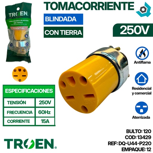 [13429] TOMACORRIENTE 250V BLINDADA CON TIERRA TROEN