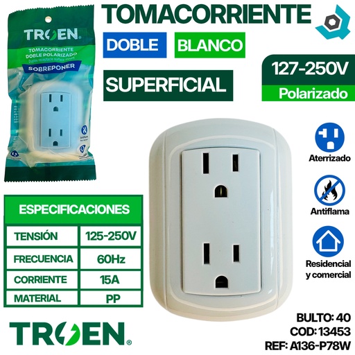 [13453] TOMACORRIENTE DOBLE 127 - 250V 15A POLARIZADO TROEN