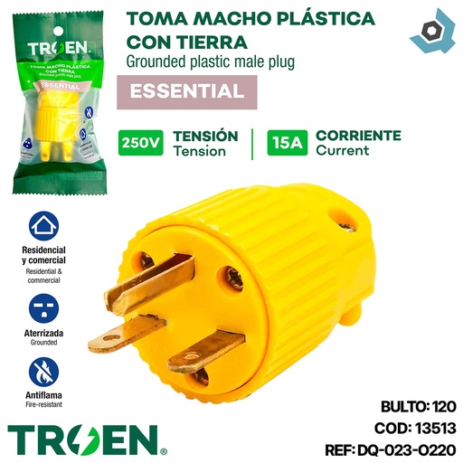 [13513] ENCHUFE MACHO PLASTICO CON TIERRA 250V 15A TROEN