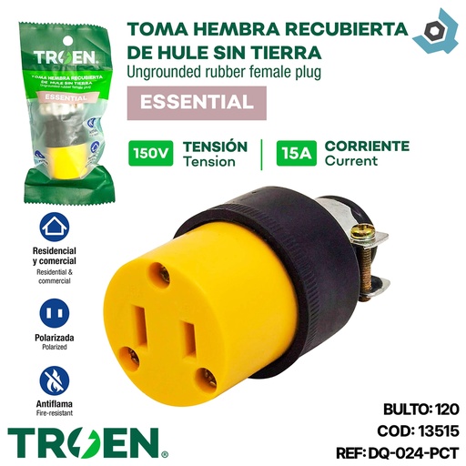 [13515] TOMA HEMBRA RECUBIERTA DE HULE SIN TIERRA 150V 15A TROEN