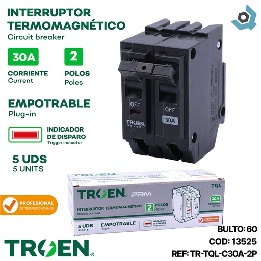 [13525] BREAKER TERMOMAGNETICO 30A 2P EMPOTRAR TQL TROEN